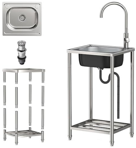 Fregadero Cocina 1 Seno con Sifón, Fregadero Comercial de Acero Inoxidable, Fregadero Exterior Jardin, Fregadero Independiente de Acero Inoxidable, para Bar Camping Lavandería Garaje