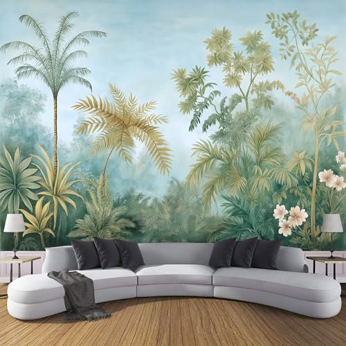 MIATCENRT Papier Peint Panoramique 350X256Cm (L×H), Tropical Jungle Papier Peint Tissu De Soie, 3D Effet Décoration Murale Poster, Plantes Tableaux Muraux Photo Trompe L'Oeil Ornament