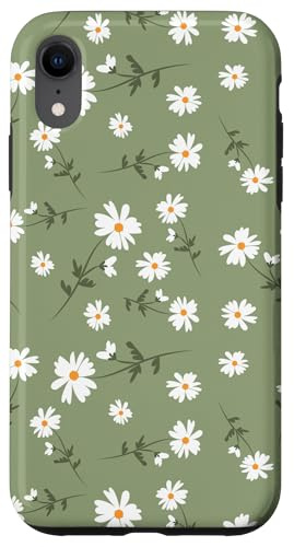 Aesthetic Cute White Daisy Sage Green Pattern Flower Case for iPhone XR