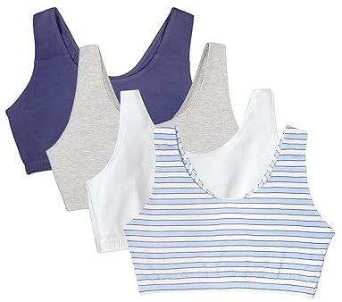 Fruit of the Loom Women's Built Up Tank Style Sports Bra Value Pack, 100 inches, Cottage Stripes/Skipper Blue/Grey Heather/White, 38 (Pack of 4)