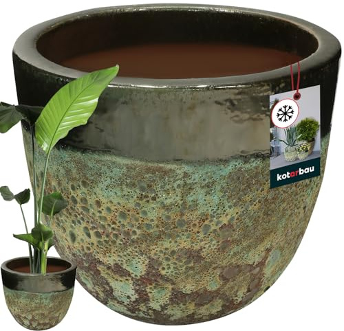 KOTARBAU® Blumenkübel Höhe 31 cm ⌀ 37 cm Blumentopf Grün Keramik Pflanzkübel frostsicher Übertöpfe für draußen Flower Pot Outdoor & Indoor Pflanzkübel innen außen