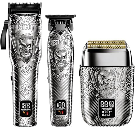 BESTBOMG Professionelle schnurlose Herren-Haarschneidemaschine, Bartschneider und elektrische Rasierer, Sets und Sets, Metall-Haarschneidemaschine mit langer Akkulaufzeit für Familienfriseure (grau)