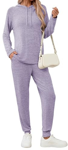 Famulily Co Ords sets for Women Solid Color 2 Piece Tracksuit Sets Long Sleeve Loose Loungewear with Pockets Purple XL