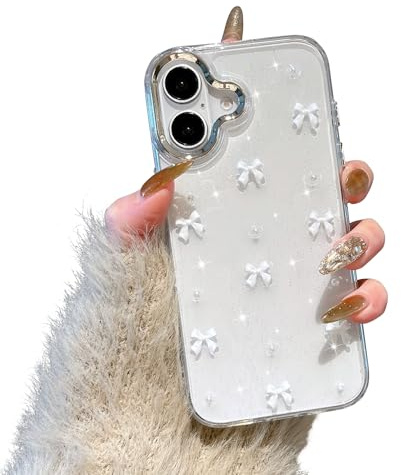 EYZUTAK Handyhülle für iPhone 17, Glitzernd 3D Weiße Schleifen Klare Hülle | Funkelnde Kristall Transparente Case, Nette Bowknot Aesthetic Design, Schlanke Weich TPU Schutzhülle, Für Frauen Mädchen