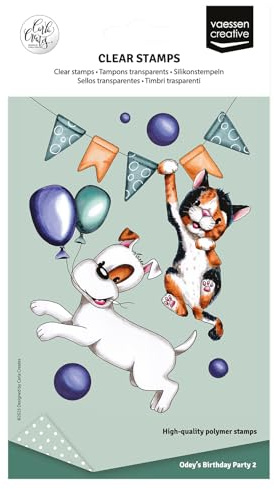 Vaessen Creative Silikonstempel Hund, Katze, Partyzubehör - 12 Transparenter Stempel - fur Präzises Arbeiten, Karten Basteln, Scrapbooking, Umschläge & DIY - Kompatibel mit Stempelhilfe + Stempelblock