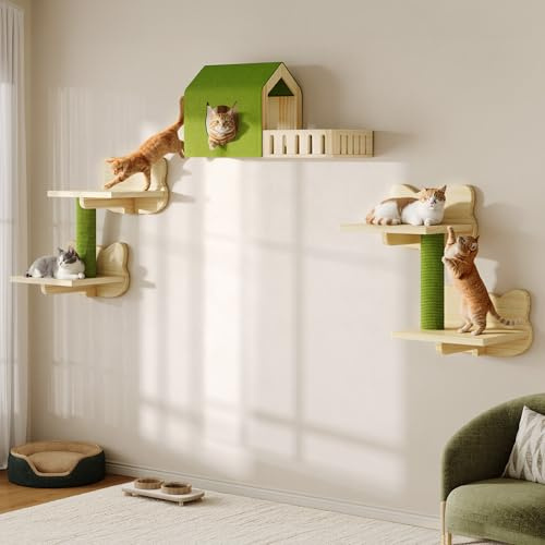 YITAHOME Cat Climbing Wall Set, Sturdy Wooden Furniture, 5-Piece Cat Shelves with House, Cat Stairs, and Cat Platform for Cats to Sleep, Play, and Rest