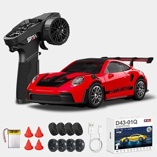 1:43 RC Drift Car, 2.4G Full Proportional 4WD Alloy 20KM/H High Speed RC Racing Car with Gyro, Silent Bearings, Adjustable Speed & Lighting(Q2/Red/D43-01)