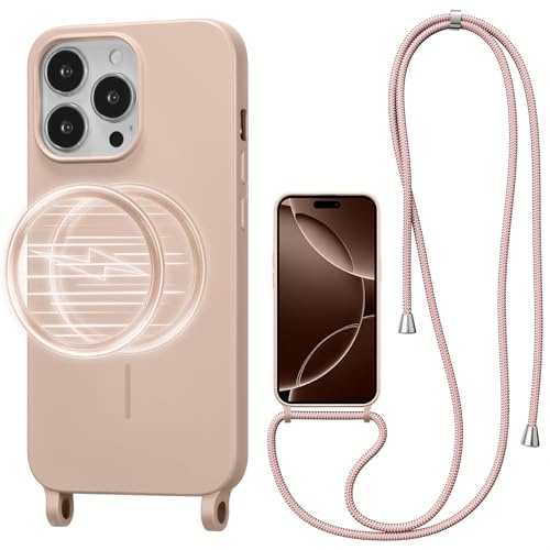 UCASONG Magnetic Case for iPhone 14 Pro with Lanyard, Pink | Compatible with MagSafe, Crossbody Liquid Silicone Case, Soft Shockproof Protective Cover, with Adjustable Neck Cord Strap
