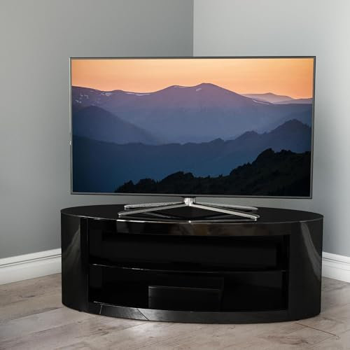 AVF Oval Wood TV Stand - Buckingham Affinity 1100mm Wide Floorstand Unit, Upto 55, Black With Black Glass, Open Storage