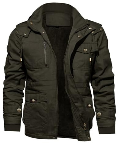 KEFITEVD Herren Fliegerjacke Winter Cargo Jacke Gefüttert Warm Parka mit Abtrennbar Kapuze Windjacke Outdoor Winddicht Kapuzenjacke Männer Atmungsaktiv Fleecejacke Dunkeloliv L (Etikett: 4XL)