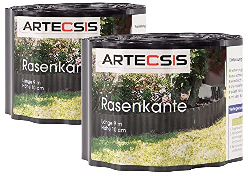 ARTECSIS 2X Rasenkante aus Kunststoff, 9 m x 10cm, Anthrazit, gewellt, Umrandung für Beete, Beeteinfassung, Rasenbegrenzung