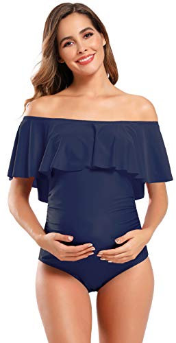 SHEKINI Maillot de Bain Femme Maternité Une pièce à Volants et Épaules Dénudées Bikinis 1 pièce Grossesse Enceintes Élégant Chic pour Femmes de Plage （XXL, Bleu foncé）