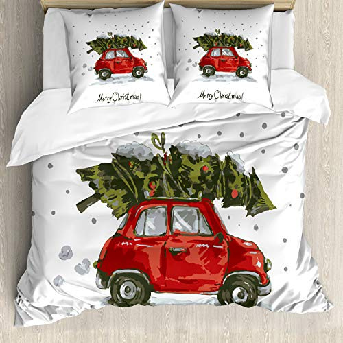 ABAKUHAUS Weihnachten Bettbezug Set, Retro-Auto mit Baum, Milbensicher Allergiker geeignet mit Kissenbezügen, 155 cm x 200 cm - 80 x 80 cm,Rot Grün