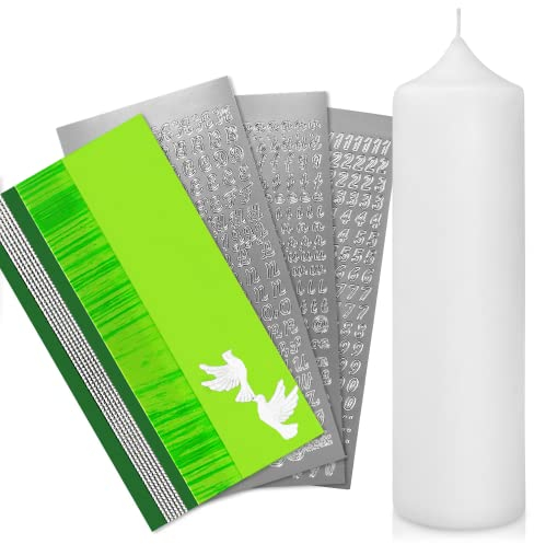 WIKAKERZEN Taufkerze selber Machen Set mit Kerzen-Rohling Buchstaben und Wachsplatten mit Wachsmotiven | Jetzt Größe und Farben Wählen (Kerze 25x7 cm | Weiss, Grün mit Taube)