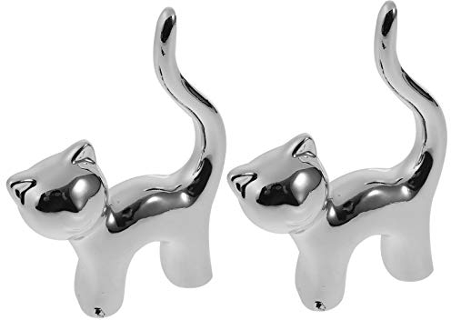 VALICLUD Silber Katzenfigur Ringhalter Niedlichen Keramik Verlobung Und Ehering Displayhalter Porzellan Schmuck Ringhalter Kitty Kätzchen Katze Figuren