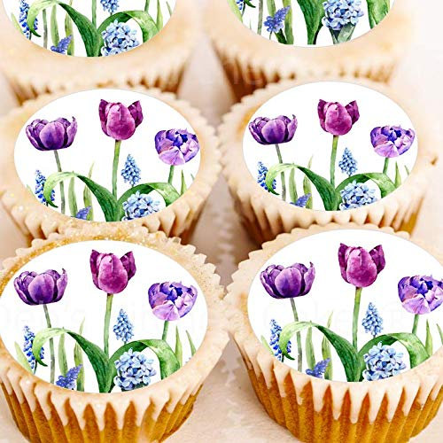 Spring Flower Cake Toppers - Tulip - Hyacinth - Lilac - Purple - Pre Cut - 4cm x 24 - Edible Icing or Wafer - 4cm x 24Cupcake Decoations (Edible Icing)