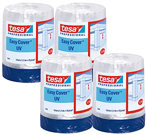 tesa Easy Cover 4369 UV - 8er Pack - Malerfolie mit Gewebeband zum Abkleben und Abdecken im Außenbereich - 2-in-1 Abklebeband mit Folie - blau, matt - je 14 m x 1,1 m