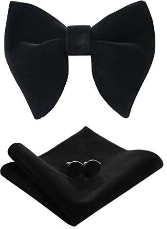PACGOTH Fliegenset für Herren, vorgebundene Fliege, Vintage, für Smoking, übergroße Samt-Fliege, Manschettenknöpfe, Einstecktuch, Set mit Geschenkbox, Schwarz, Bow tie: 4.7' x 3.9', Pocket square: