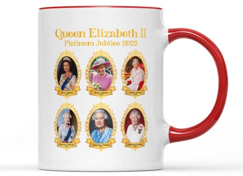 SMARTYPANTS Queen's Platinum Jubilee Through The Years - Tazza da tè da caffè, Royal Elizabeth Her Majesty 70 Years Anniversary 2022, regalo commemorativo (manico rosso prime)