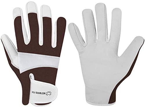 WESTWOOD FOX Gartenhandschuhe aus Leder,robuste Arbeitshandschuhe für Damen und Herren, Gartenwerkzeuge, Mechaniker, atmungsaktiv, Gärtner, rutschfeste Rigger-Handschuhe (braun, XS)