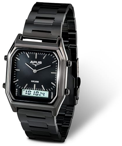 APUS Kappa Unisex Armbanduhr Quarz Analog & Digital – Edelstahlgehäuse schwarz quadratisch – Edelstahlarmband schwarz – Kalender, Tag & Monat – 38 mm Durchmesser – 3 bar wasserdicht