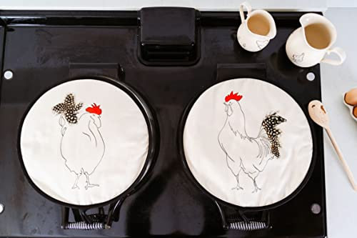 Cluck Cluck Aga chefs pad Hob Cover with Cockerel Rooster design with spotty feathers as pair with loop