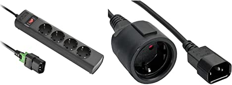 APC PZ42IZ-GR USV Steckdosenleiste Eingang IEC verriegelbar, auf 4X Schutzkontakt Ausgang, 1,5m schwarz & Inline 16659K Netz Adapter Kabel, Kaltgeräte C14 auf Schutzkontakt Buchse, für USV, 0,5m