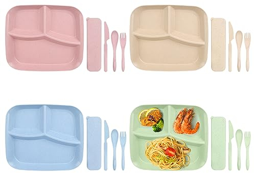 Ticeed 4 Sets Assiette Compartiment avec Couverts, Incassables Contrôle des Portions Assiettes Perte de Poids Profondes Assiette à Dîner Incassable et Robuste pour Adultes et Enfants (25x22,5x3cm)