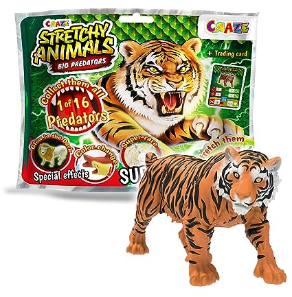 CRAZE Stretchy Animals Big Predators - Figure di animali con pelliccia elastica, imbottitura speciale, effetti speciali e carte da gioco, 16 modelli da collezionare