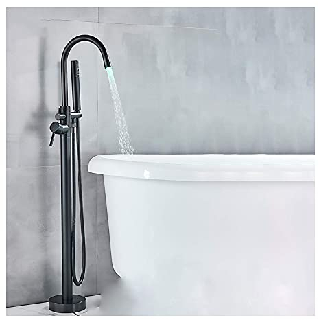 Led Freistehender Badewannenhahn Messing Freistehender Wannenhahn Einhand-Bodenmontierte Wasserhähne Mit Handbrause Bodenmontierter Badewannenhahn Mit Schlauch Bodenmontierter Wannenhahn,Chrom (Matt