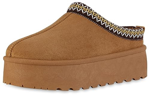 VAN HILL Damen Hausschuhe Pantoffeln Warm Gefüttert mit Plateau Prints Profilsohle