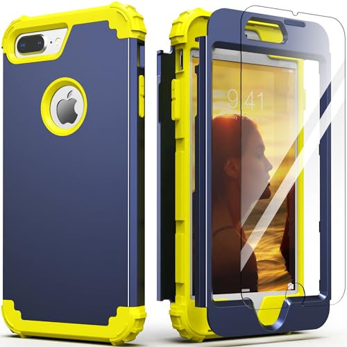 IDweel for iPhone 8 Plus & 7 Plus Case with Screen Protector, 3 in 1 Shockproof Hybrid Heavy Duty Protection Hard PC Cover Soft Silicone Bumper Full Body Sturdy Case, Navy Blue/Yellow Blue