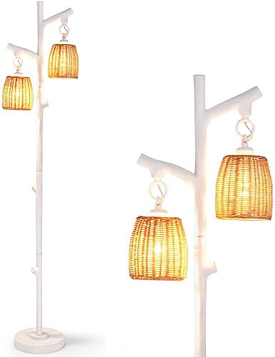COSTWAY Farmhouse Floor Lamp, 2 Light Dimmable Rattan Standing Lamps with Foot Switch, Wood Grain Tube & Thick Base, Tall Tree Trunk Floor Lighting for Office Bedroom Living Room, Bulbs Not Included