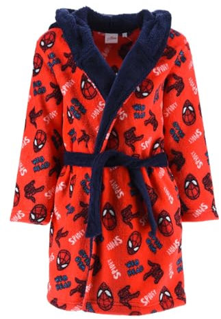 Spiderman Bademantel Kinder Jungen Fleece, Spidermann Morgenmantel Kinder mit Kapuze (DE/NL/SE/PL, Numerisch, 98, Regular, Rot)