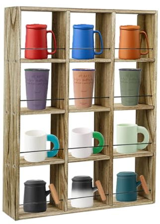 YIYUESHIJIU Wandmontiertes Kaffeebecher-Präsentationsregal, 43,2 x 63,5 cm, großes Holzregal, Becherhalter, Schattenbox, Regal, rustikales Becherregal, Schnapsgläser, Vitrine mit 12 Fächern (Carbon)