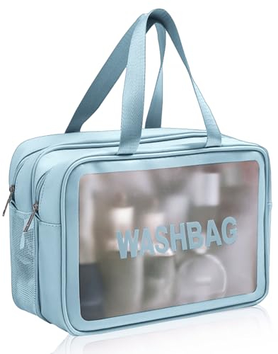 Reise Kosmetiktasche Kulturtasche Damen Durchsichtig Kulturbeutel Wasserdicht Make up Tasche Tragbare Schminktasche Makeup Durchsichtige Tasche Waschtasche Cosmetic Bag 28 x 12 x 15 cm (Blau)