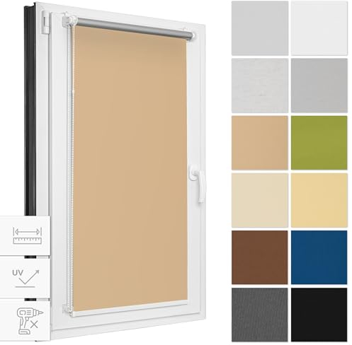Estika Verdunklungsrollo ohne Bohren, Breite alle 1 cm - 50 cm x 120 cm - Beige - Thermorollo, Rollos für Fenster ohne Bohren, Sonnenschutz Fenster innen