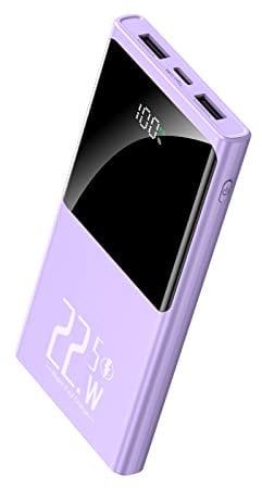 Chargeur portable 10 000 mAh Powerbank 22,5 W Batterie de charge rapide avec entrée et sortie USB-C et grand écran LED Chargeur de téléphone portable fin pour iPhone Google Android (violet)