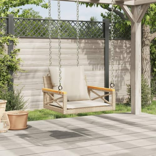 Homgoday Hängesessel mit Kissen Hängestuhl Hängeschaukel Hängesitz Hängesessel Hollywoodschaukel ohne Schaukelgestell für Terrasse, Garten, Balkon Beige 63x62x40 cm Poly Rattan