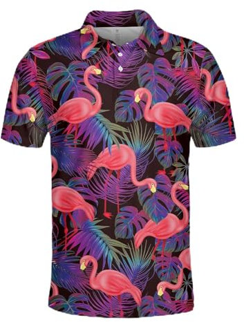 Zltegako Polo de golf amusant pour homme - Chemises de golf pour hommes flashes années 80 - Polo à manches courtes - Chemise boutonnée Me, Flamant rose fluo, XL
