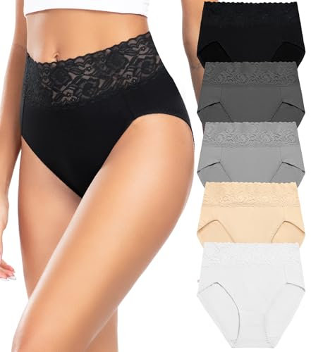Wealurre Unterhosen Damen, Unterwäsche Frauen Baumwolle Hohe Taille Slip Damen Unterwäsche Spitze 5er Pack (6005,Grey,M)