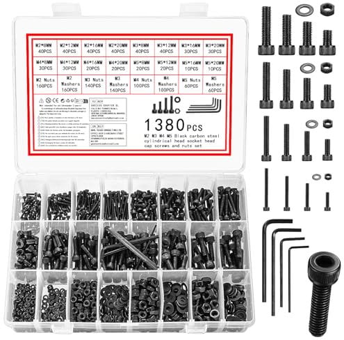 Vwoqiy 1380 x bulloni esagonali con dadi, set di bulloni M2 M3 M4 M5, set di viti a testa cilindrica con esagono incassato, set di dadi neri con rondelle Set di bulloni filettati