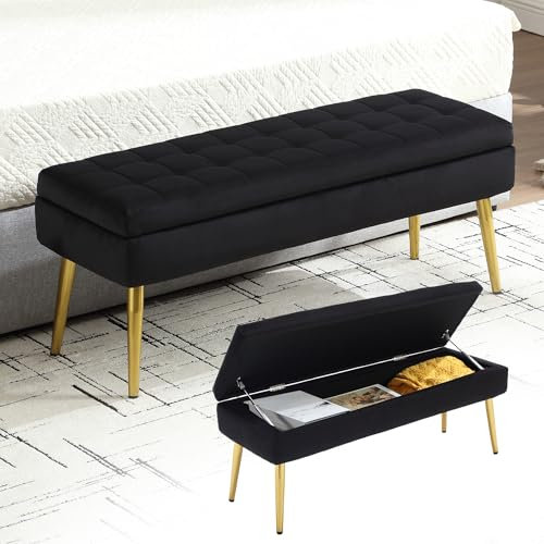 HAINEW Moderner Sitzhocker Sitzbank mit Stauraum, Samt Fußbank Flurbank Aufbewahrungsbox mit Goldene Metallbeine, Bis 150 kg belastbar, für Wohnzimmer Schlafzimmer Flur, 111 × 35 × 44,5cm (Schwarz)