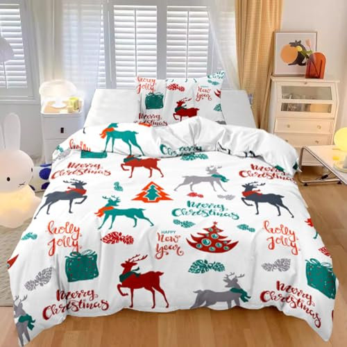 LOMUG Weihnachten Bettwäsche 135x200, Rentier Weihnachtsbrief Bettwäsche, Wintermotiv Bettwäsche-Set, Junge Mädchen Kinder Bettwäsche Set mit Kissenbezug 80 x 80 cm, Weihnachtsbaum,mit Reißverschluss