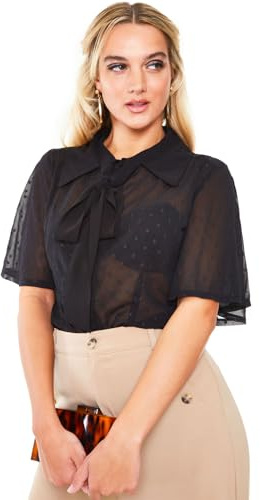 Voodoo Vixen Bluse Flutter Sleeves Bow Black Chiffon Retro Vintage Schluppenbluse