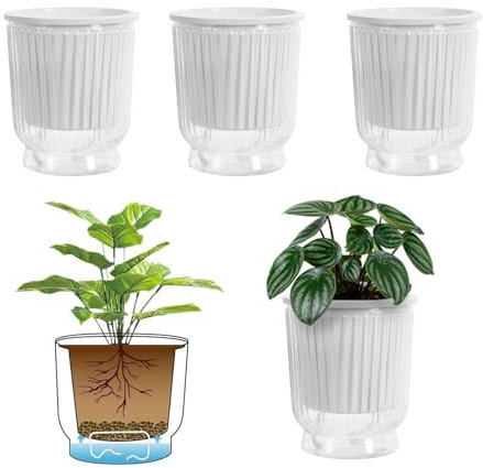 ACESOME Lot de 4 pots de fleurs, auto-irriguants, avec corde en coton, réservoir d'eau profond, système d'irrigation, pot pour plantes d'intérieur, transparents, 12 x 14,5 cm