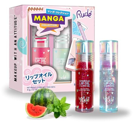 RUDE Cosmetics Manga Collection Sparkle Lip Oil Duo by RUDE Cosmetics für Damen – 2 Stück, 0,14 oz Sparkle Lip Oil – Watermelon, 0,14 oz Sparkle Lip Oil – Minze