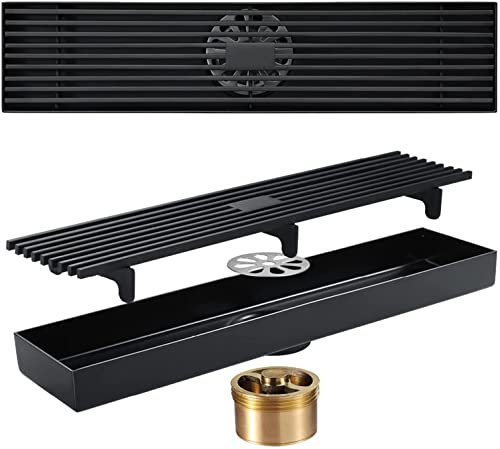 Desagüe de piso de ducha lineal 304SUS, desagüe de ducha rectangular con rejilla de cubierta extraíble, escurridor de piso con colador de cabello para cocina, baño, garaje y sótano, 11,8 pulgadas