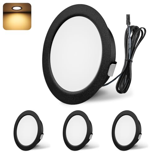 YindaLux 4x LED Einbaustrahler 12V DC Schwarz 3W 3000K Dimmbar Loch 55-58mm | 300LM, Warmweiß, 2m Kabel, Aluminiumgehäuse, Rund, Spot für Wohnwagen Boot Küche Kleiderschrank, Ohne Transformator