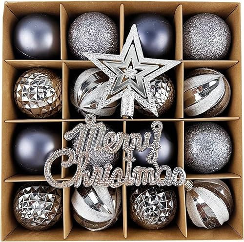 Top Sale 18 Pieces 6 Designs Shatterproof Christmas Tree Hanging Baubles - in Matte, Glitter & Shiny Finish - 60 MM - Smoked Grey Silver